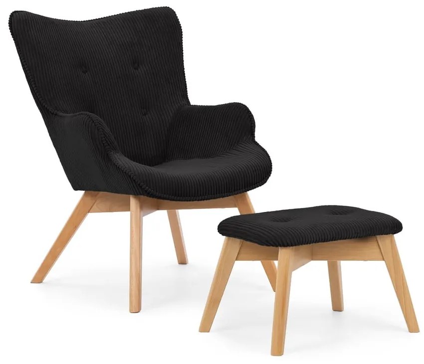 Fekete kordbársony fotel lábtartóval Niko – Ropez