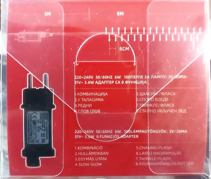 8 méter LED Karácsonyi Füzér Biztonságos Kültéri 220V Adapterrel Időzítő 8 Villogási Mód Fényfüzér Hideg fehér