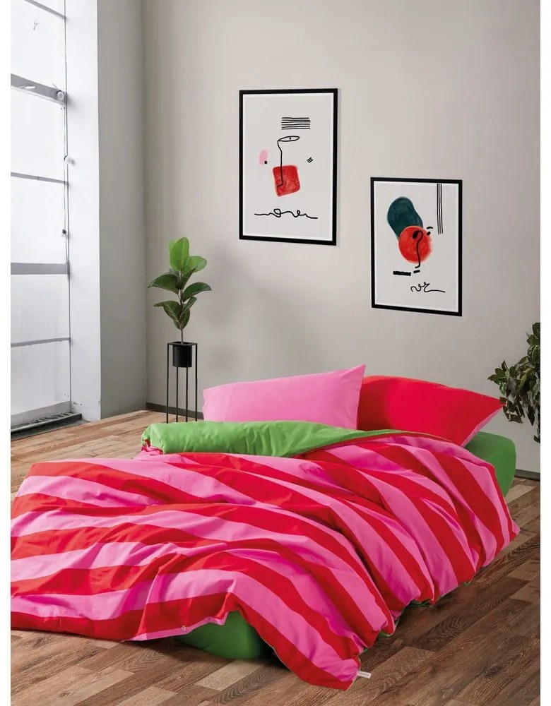 Zöld-rózsaszín négyrészes kétszemélyes hosszabbított renforcé pamut ágyneműhuzat lepedővel 200x220 cm Cherie – Mijolnir