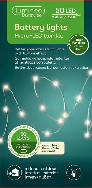 Elemes lámpa 50 Led 2,4 m Flesh hideg fehér 8 funkció 3xAA