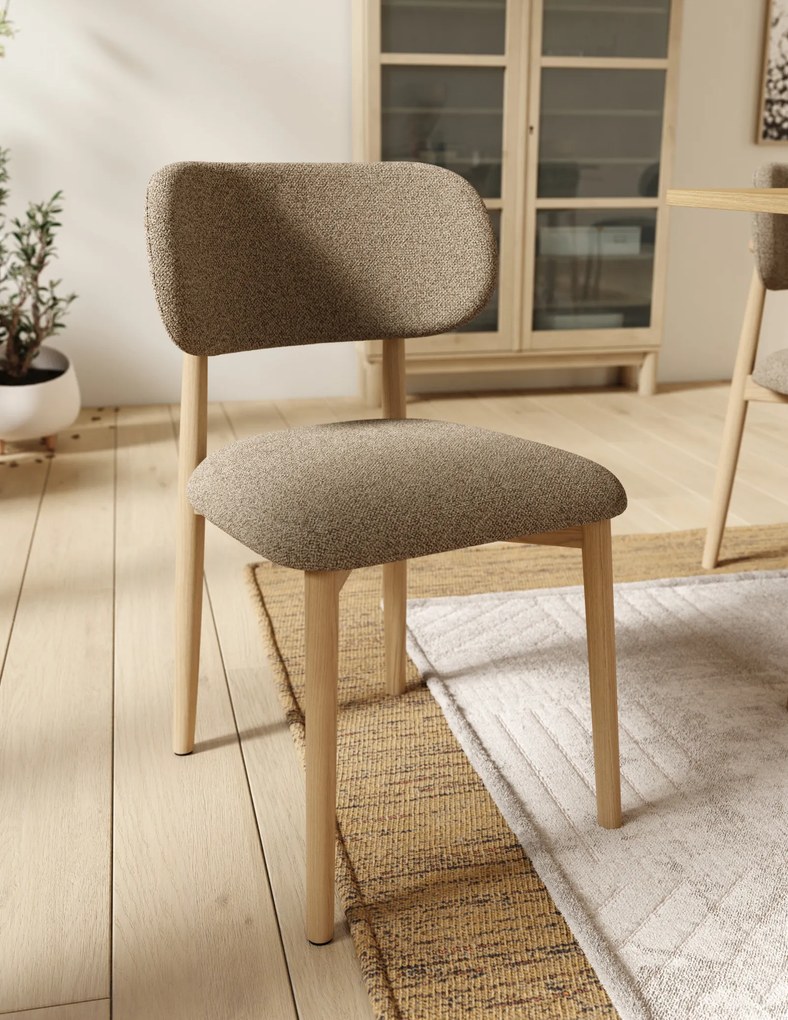 MAZZONI EXPORT ALMO Barna Taupe (Monza 40 szövet)/lakkozott tölgyfa váz - RETRO BOUCLÉ FA SZÉK NAPPALIBA ÉTKEZŐBE KONYHÁBA