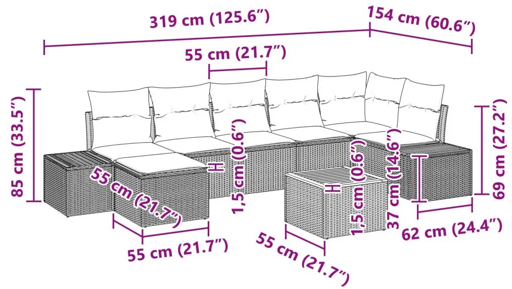 Kerti Kanapé Szett 8 Darab Bézs és szürke Rattan és textil Normál