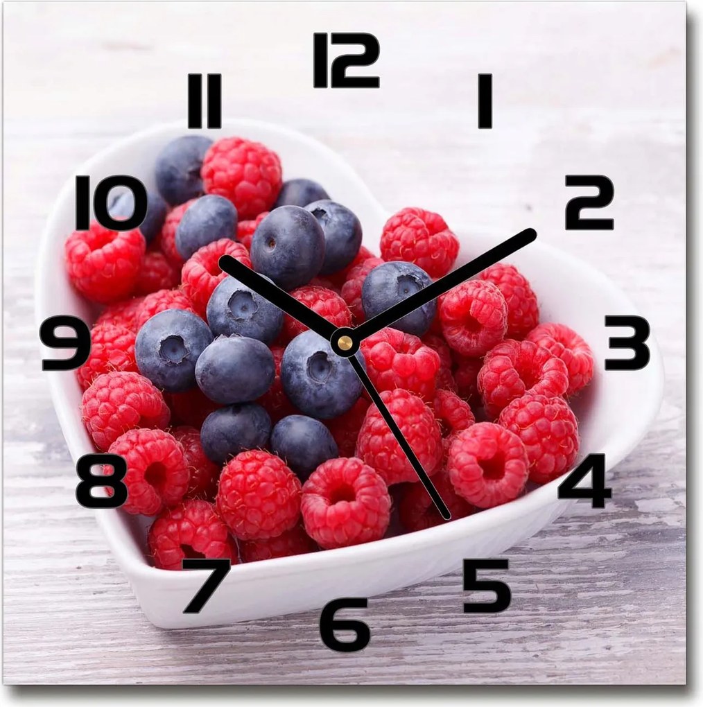 Négyzet alakú üveg falióra Málna és bogyók 30x30 cm