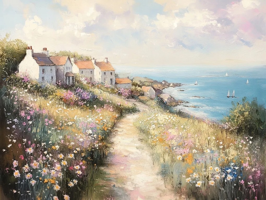 Vászonkép Canvas Tenger Házak Falu Virágok Vitorlás Tájkép 80x60