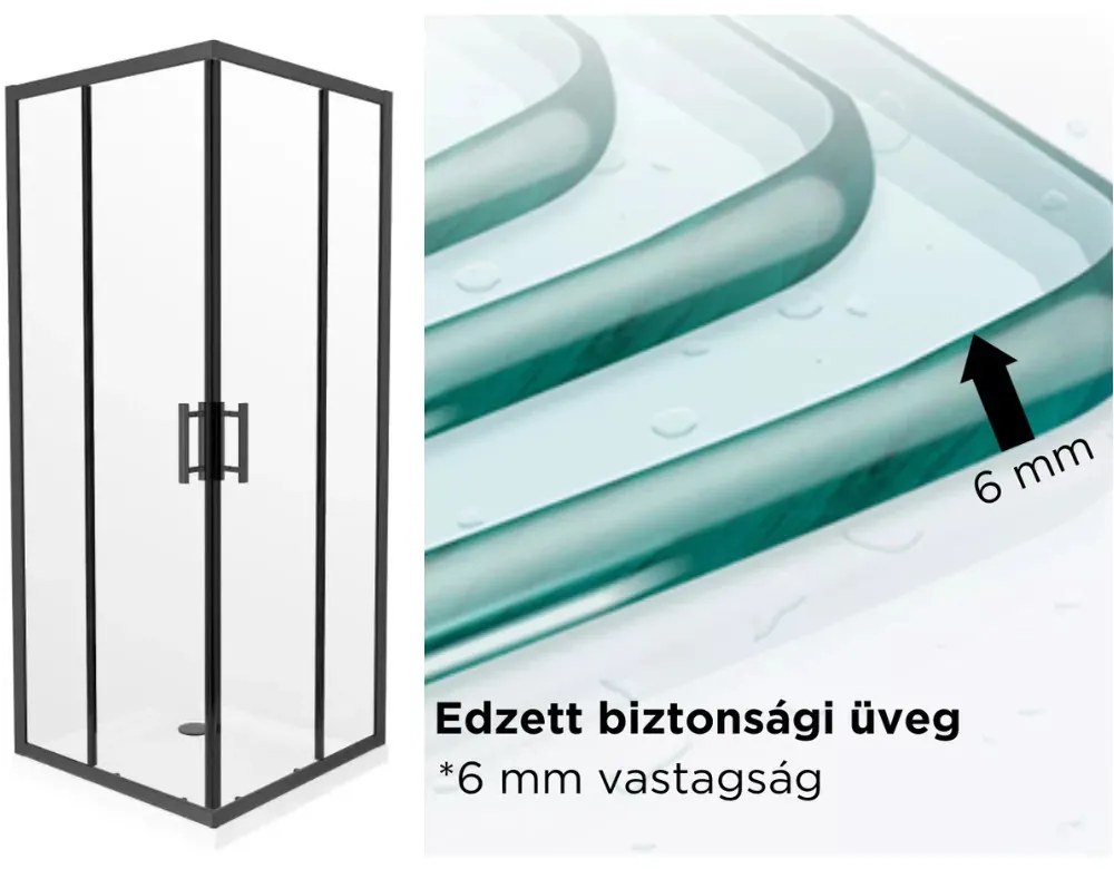 Elio Black 80X80 cm íves két tolóajtós zuhanykabin 6 mm vízlepergető biztonsági üveggel, fekete elemekkel, 190 cm magas
