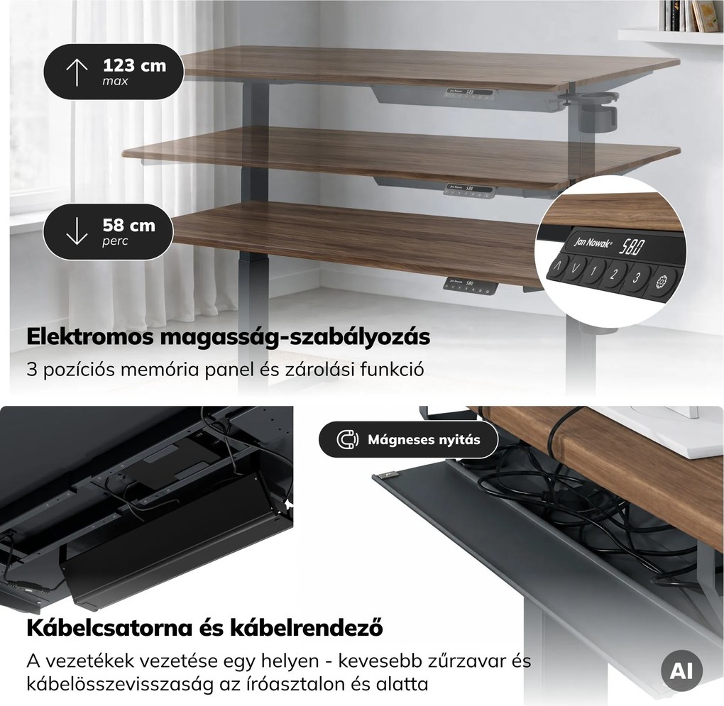 Elektromos íróasztal magasságállítással ergonomikus antracit/dió,1600x800 mm: ARIA