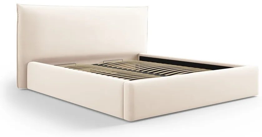 Krémszínű kárpitozott ágyneműtartós franciaágy ágyráccsal 140x200 cm Elio – Milo Casa
