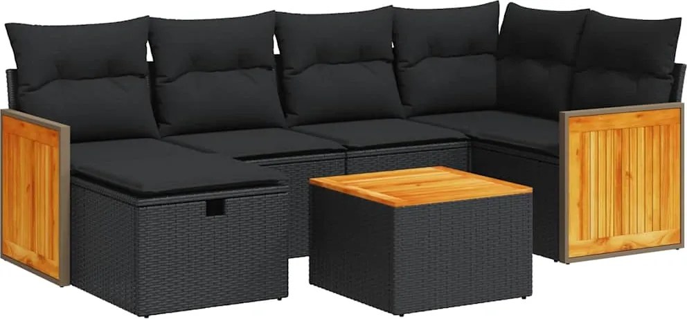 vidaXL 7 részes fekete polyrattan kerti ülőgarnitúra párnával