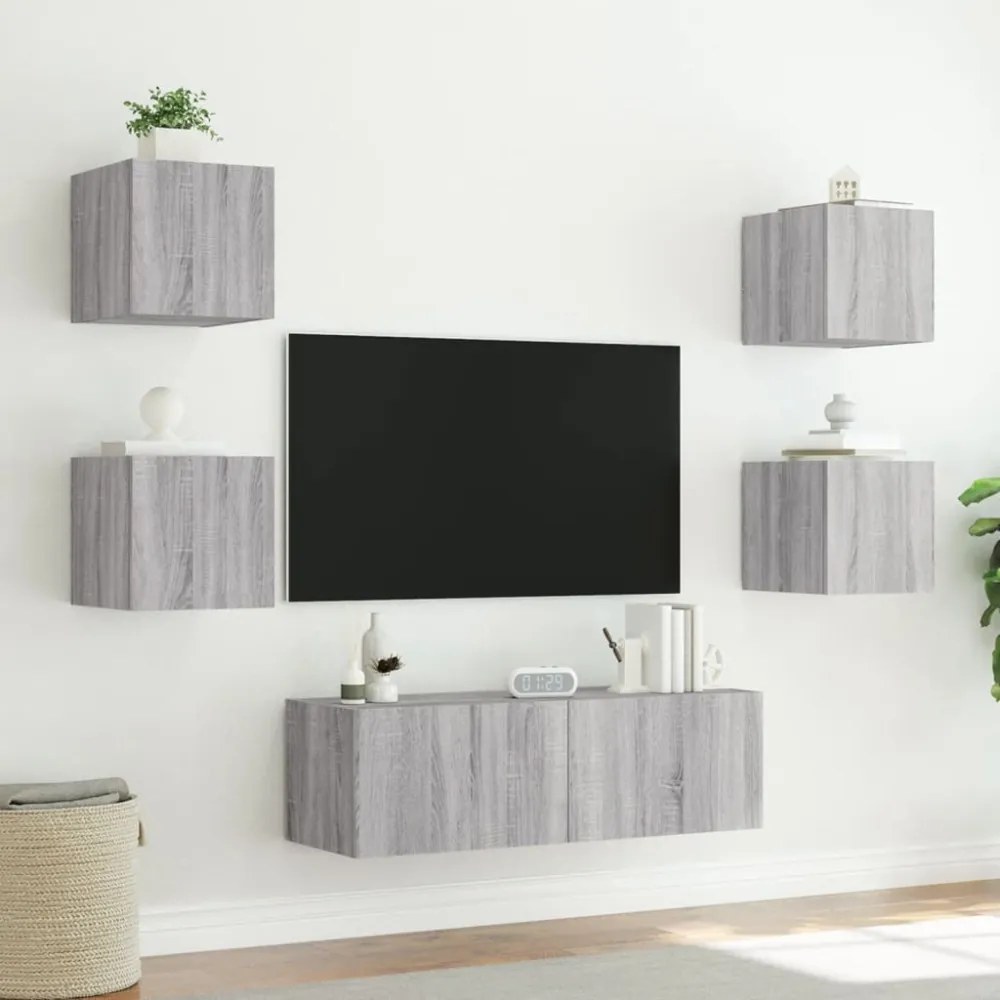 5darab szürke sonoma színű falra szerelhető TV-szekrény LED-del