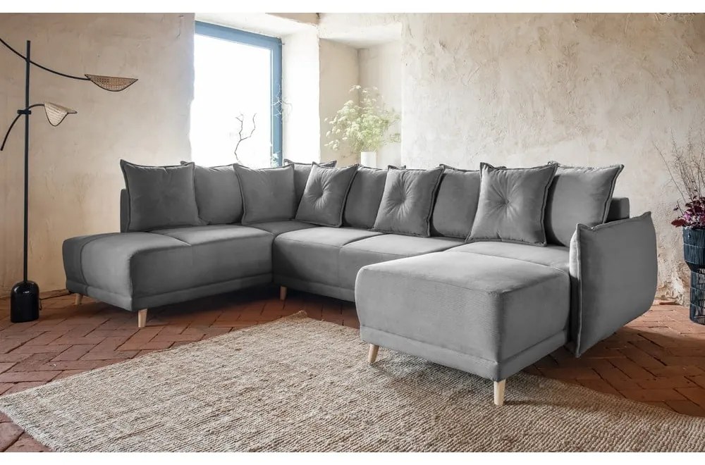 Szürke kordbársony kinyitható sarokkanapé (bal oldali-U alakú) Lazy Lukka – Miuform