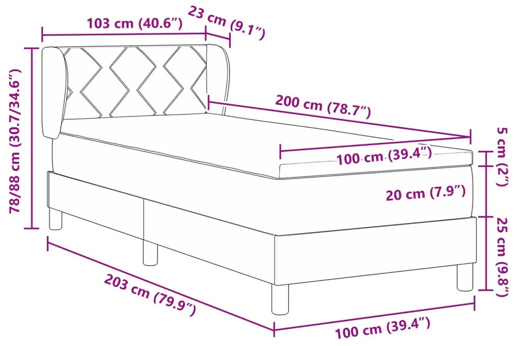 Boxspring Ágy Matraccal - Világosszürke, 100x200 cm, Textil