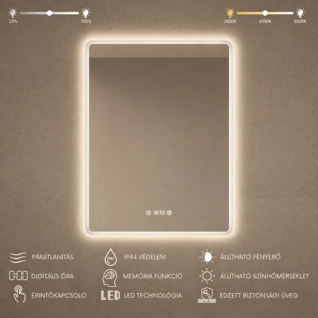 Álló fürdőszobai LED tükör 70x90cm | Páramentesítő - Óra - Fényerő és színhőmérséklet szabályozás | Welland Kath