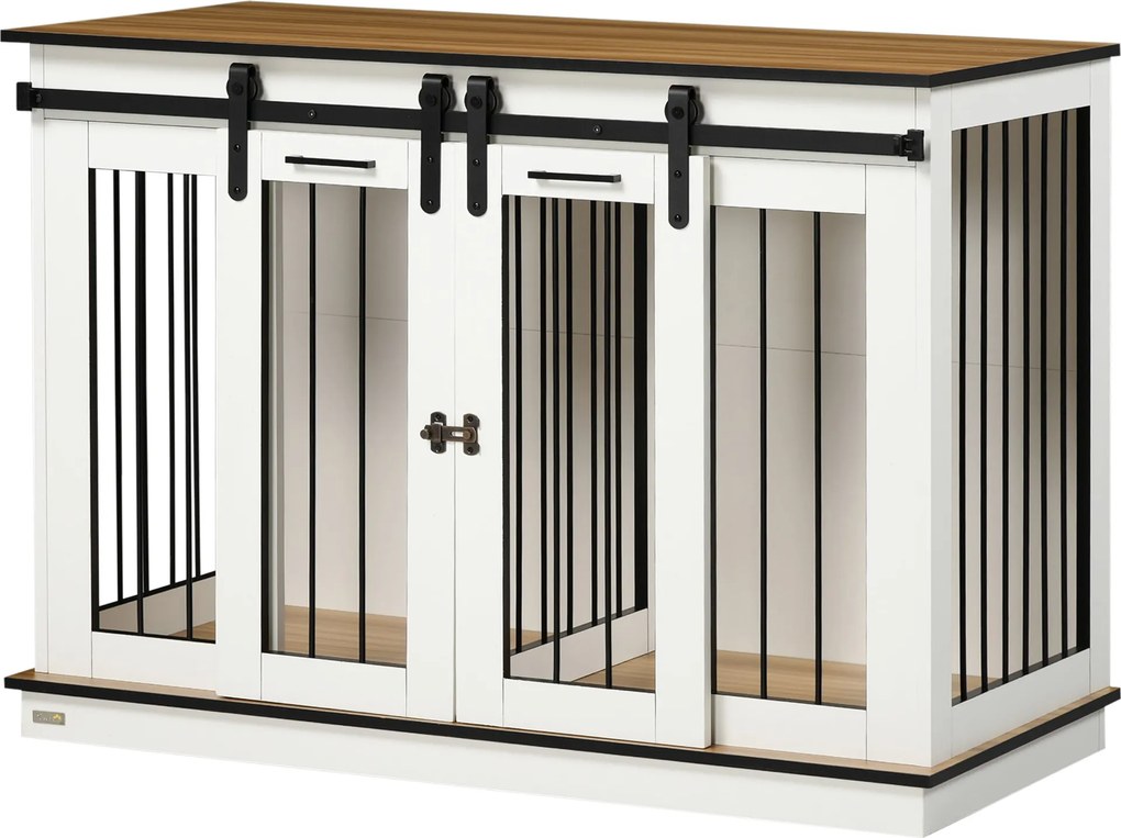PawHut Kutya Ketrece Bútor Két Szobás Opcióval, 2 Ajtós Modern Fém Kutya Doboz 30 kg-ig 120 x 60 x 88.5 cm Fehér | Aosom