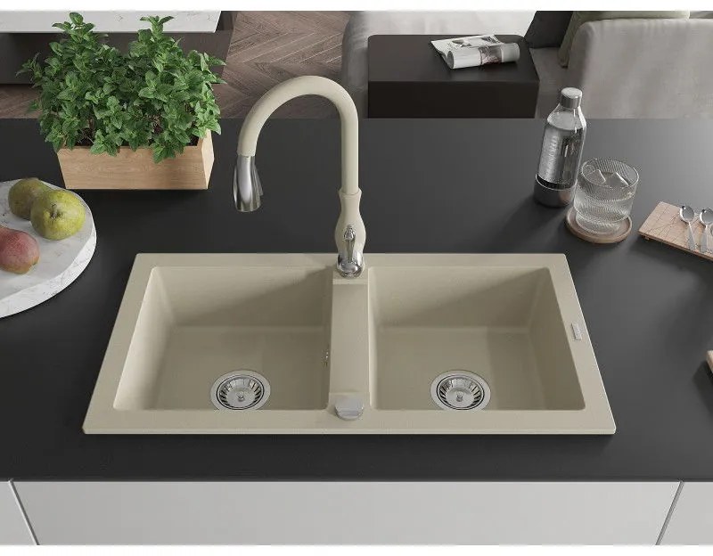 Mexen Mario, 2 kamrás gránit mosogató 820x436x161 mm és Savita mosogató csaptelep, bézs, 6504-69-672601-69