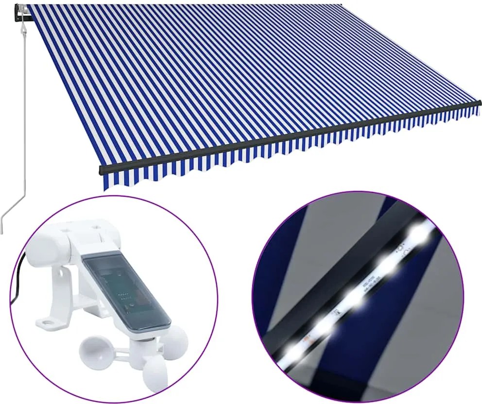 vidaXL kék és fehér szélérzékelős és LED-es napellenző 500 x 300 cm