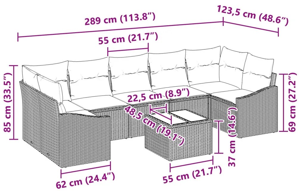8 Darabos Kerti Kanapé Garnitúra Párnákkal Világosszürke Poli Rattan