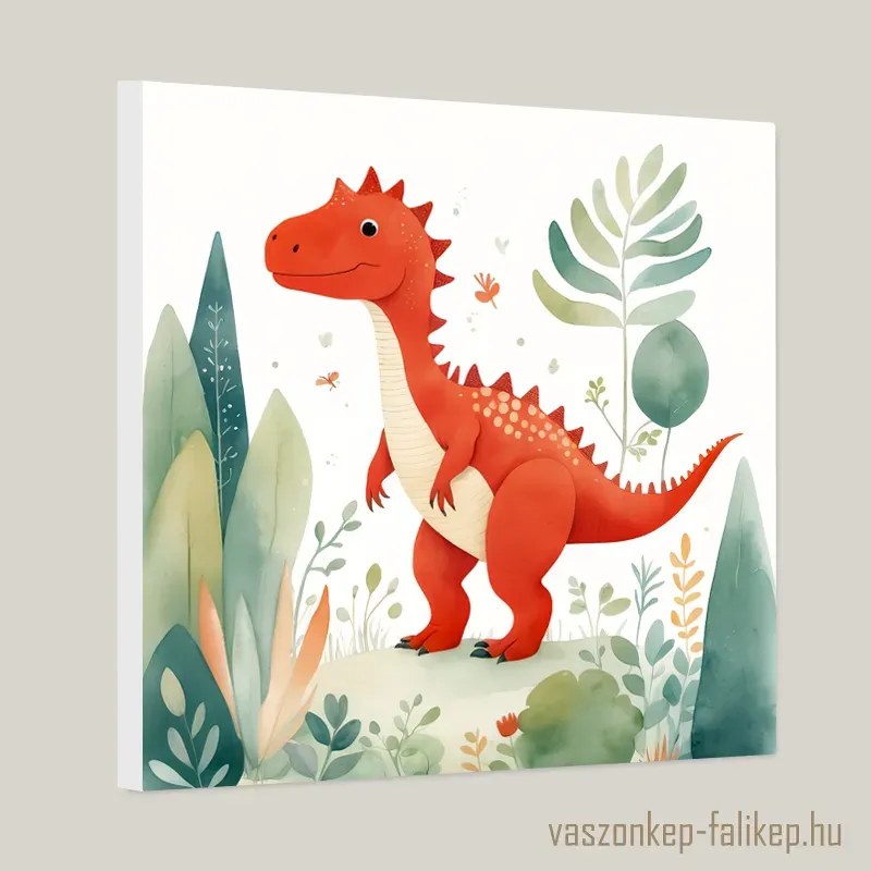 Piros dinó illusztráció akvarell – Vidám gyerekszobai falikép 40x40cm