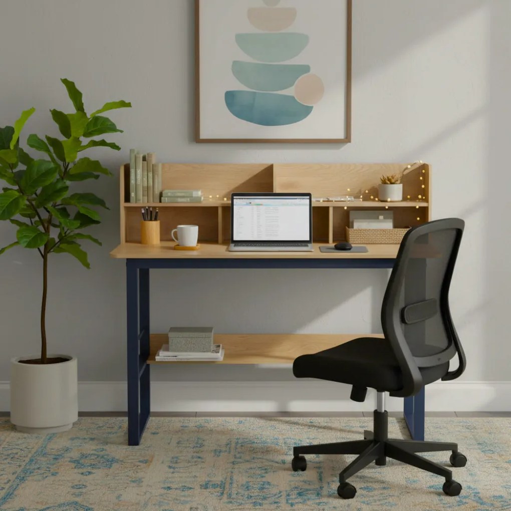 Polcos íróasztal / számítógépasztal 120×60 cm, masszív fém vázzal, fekete–aranytölgy – Intenso Home