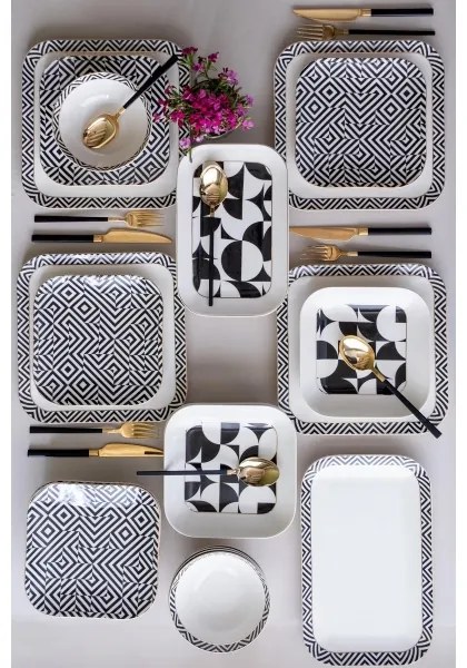 26 részes étkészlet, fehér/fekete, porcelán