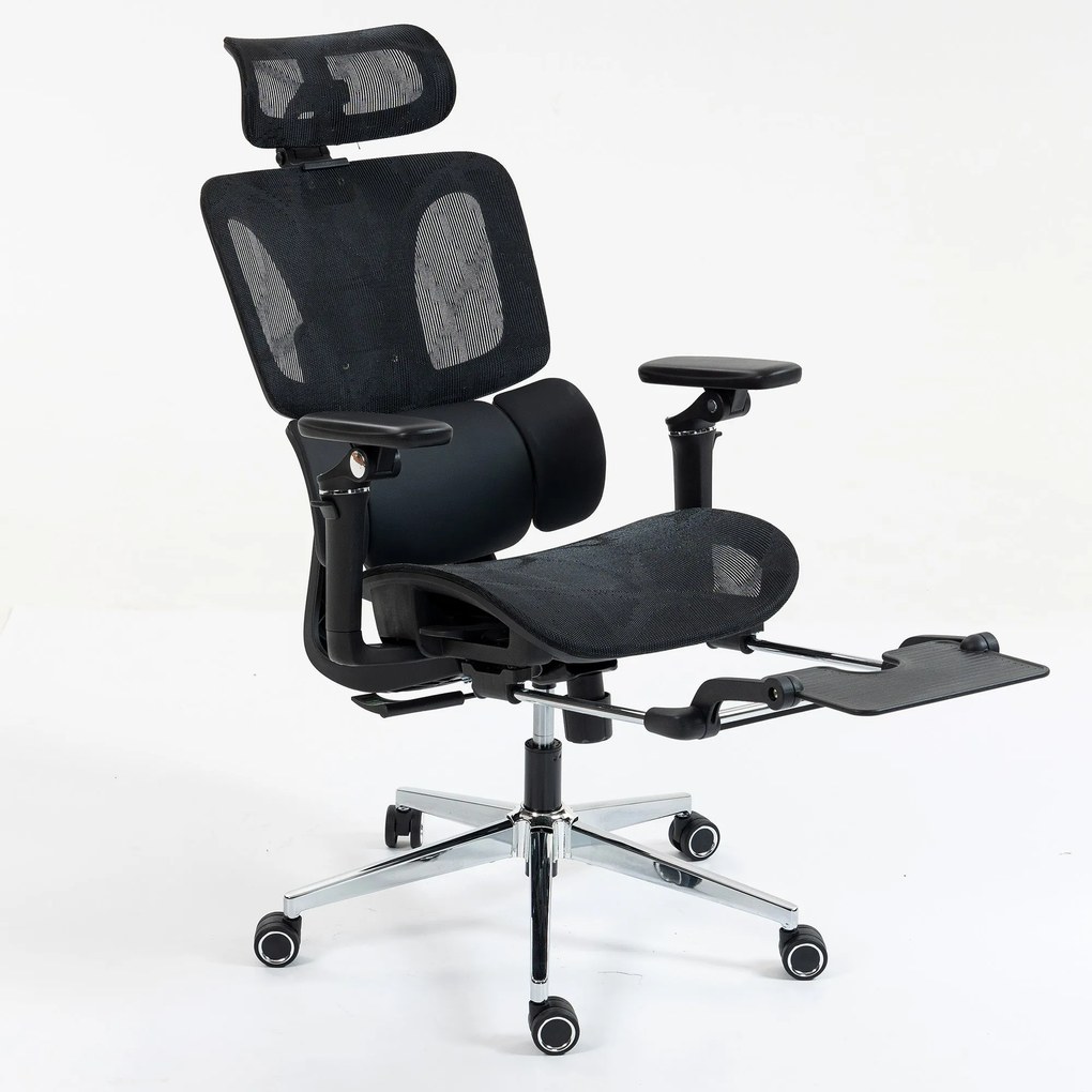 HOMCOM ergonomikus irodai szék – állítható deréktámasz és fejtámla, 5D karfák, osztott háttámla, kihúzható lábtartó, magasság- és dőlésszögállítás, há