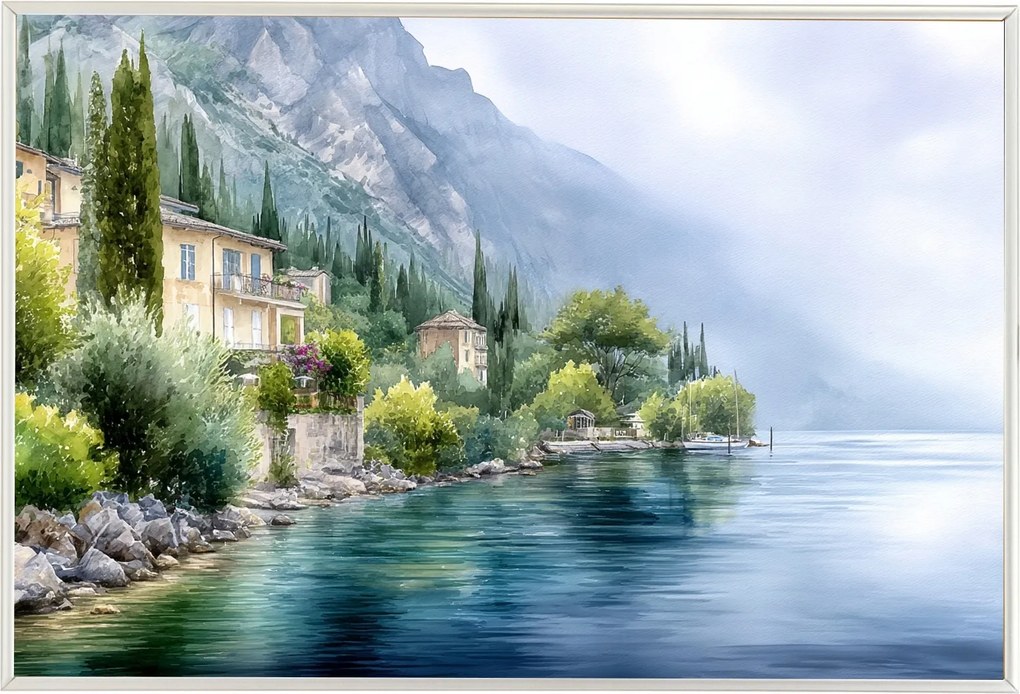 Poszter Alumínium Keret Olaszország Como-tó Akvarell Hegyek Ciprus 60x40