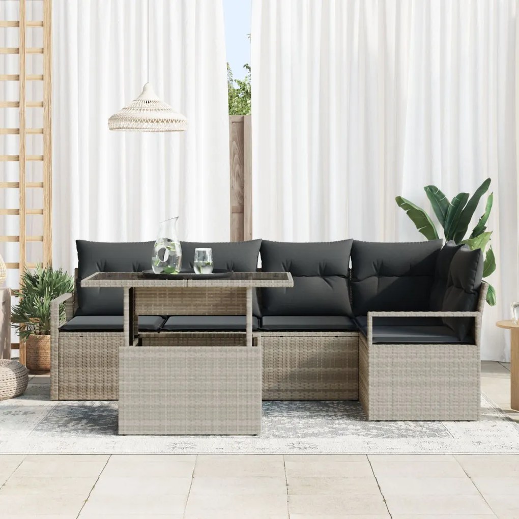 6 Részes Kertibútor Párnákkal Világosszürke Poli Rattan, 2 Személyes Kertibútor Tárolóval és Párnákkal Szürke Poli Rattan