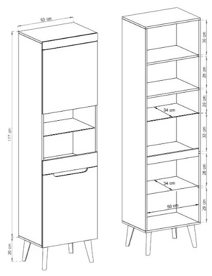 GLUM NWT53 vitrines szekrény, 53x197x40 cm, magasfényű fehér/riviera tölgy