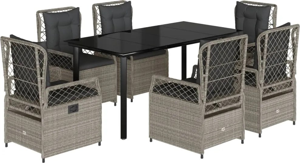 vidaXL 7 részes világosszürke polyrattan kerti étkezőszett párnával