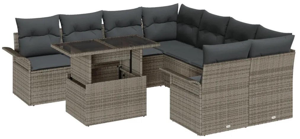 9 darabos kertibútor szett párnákkal, szürke poly rattan, 2 személyes kertibútor tárolóval és párnákkal, szürke poly rattan
