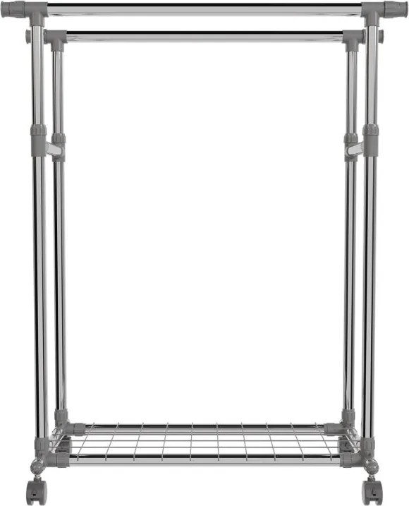 Fém ruhaállvány kerekeken 2 rúddal + polcokkal