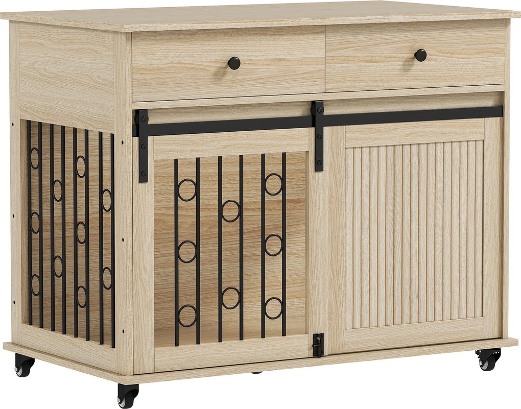 PawHut otthoni kutyabox 100 x 56 x 81 cm — kerekekkel, fiókkal, tolóajtóval és zárható oldalsó ajtóval — Tölgy | Aosom