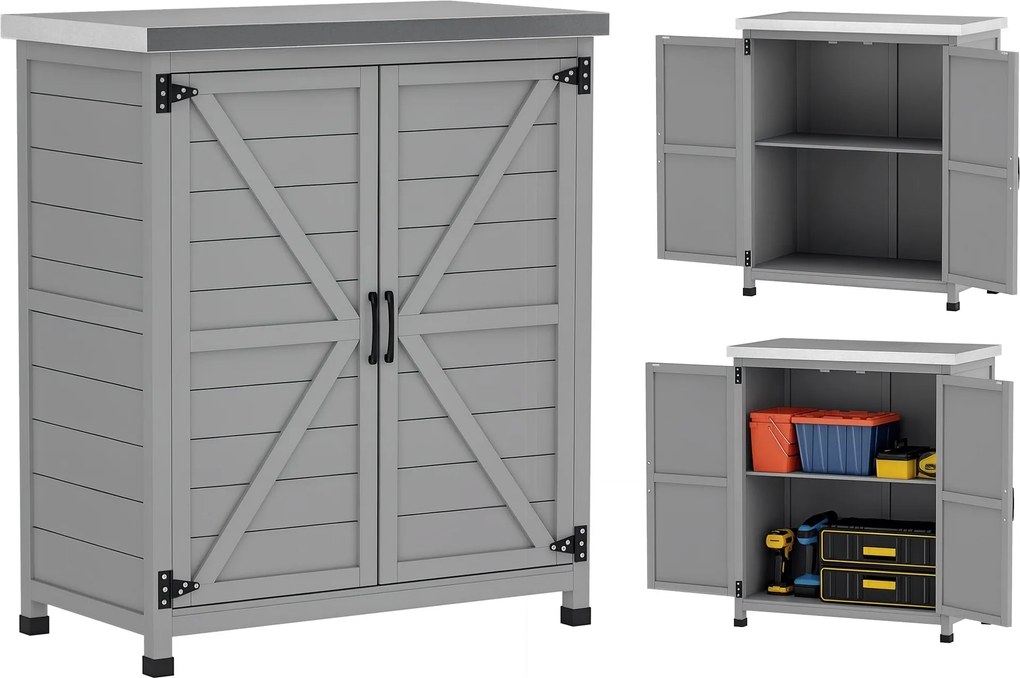 Outsunny Kerti Szekrény Fa Kültéri Időjárásálló Berendezési Tároló Szekrény Munkapaddal, Két Ajtóval, Polccal, Többfunkciós Szekrény Kerthez, Teraszho