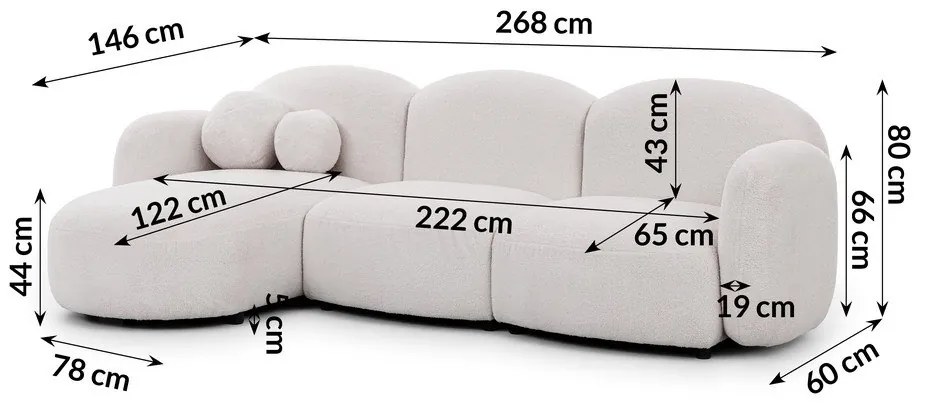 Krémszínű buklé sarokkanapé (bal oldali-heverő résszel) Orbit – Ropez