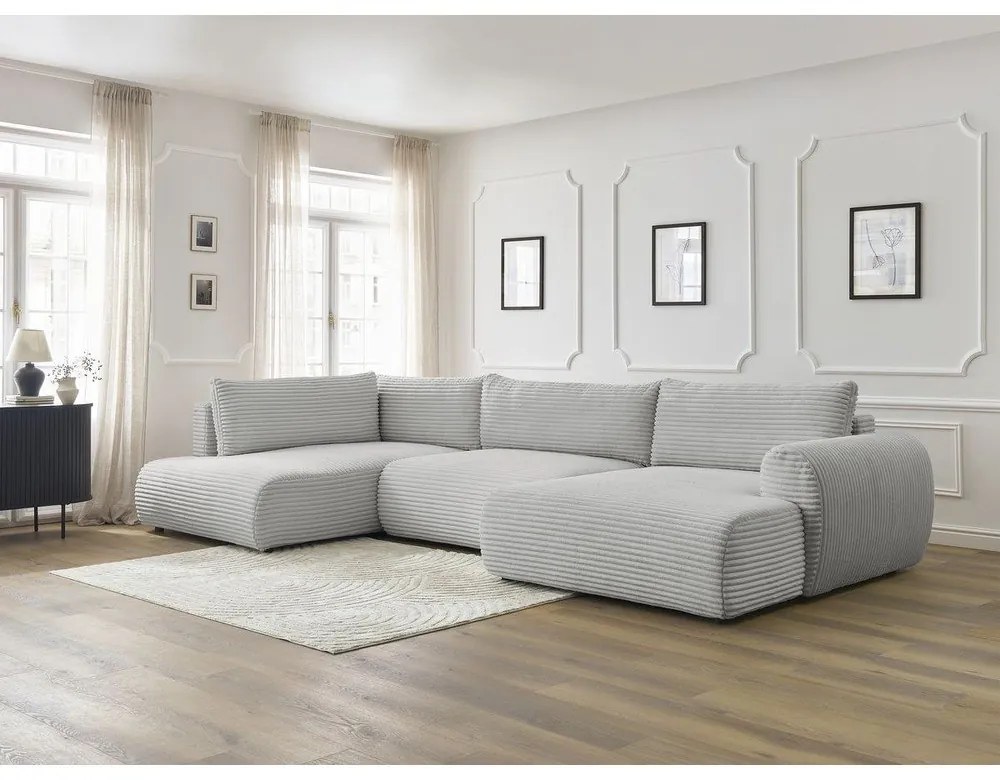 Világosszürke kordbársony kinyitható-tárolóhelyes sarokkanapé (bal oldali-U alakú) Lucien – Bobochic Paris