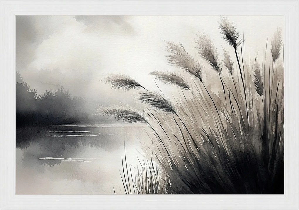 Poszter Keret Fa Tájkép Kilátás Tó Pampas Fű 60x40