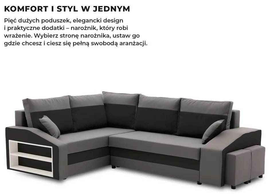 Grande sarokkanapé polcokkal és puffokkal , polc a bal karfaban puffok a jobb karfaban, baloldali, szövet anyag, hab töltet, szürke - fekete