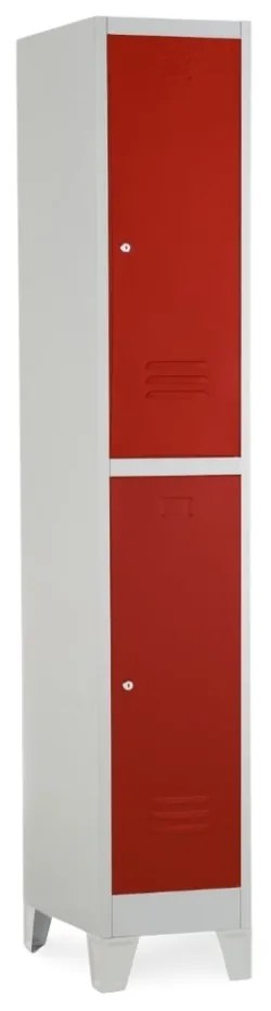 Fém szekrény - 2 doboz, 38 x 45 x 195 cm, fix lábakkal, hengerzár, piros - ral 3000