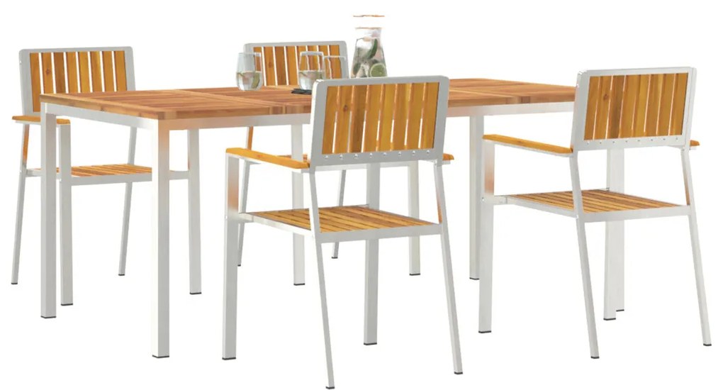 5 darabos kert étkező szett tömör akácfa, kültéri étkező asztal 180x90x75 cm tömör akácfából, rakásolható kert székek 4 db tömör akácfa és fém