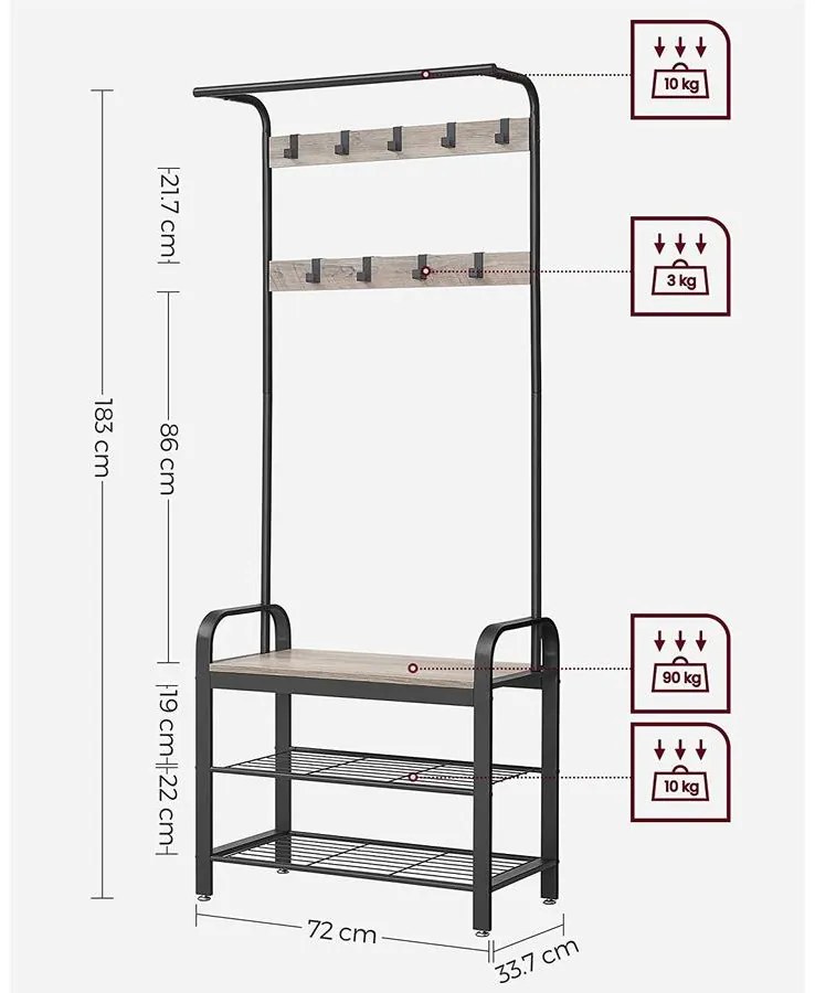 Kabáttartó állvány, kabátállvány cipőtárolóval, 183cm magas, szürke-fekete