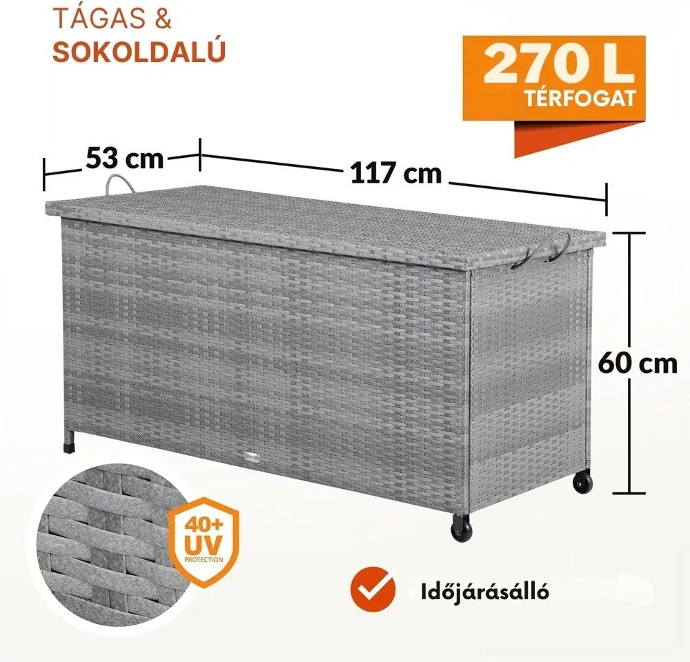 RICCO polyrattan tárolódoboz, 270L, 117x53x60cm, szürke Casaria