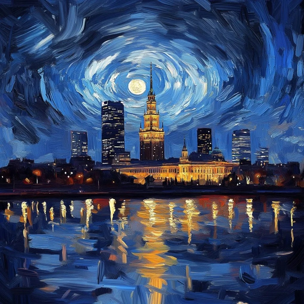 Canvas Város Vászonkép Varsó Panoráma Van Gogh Éjszakai Stílus 80x80