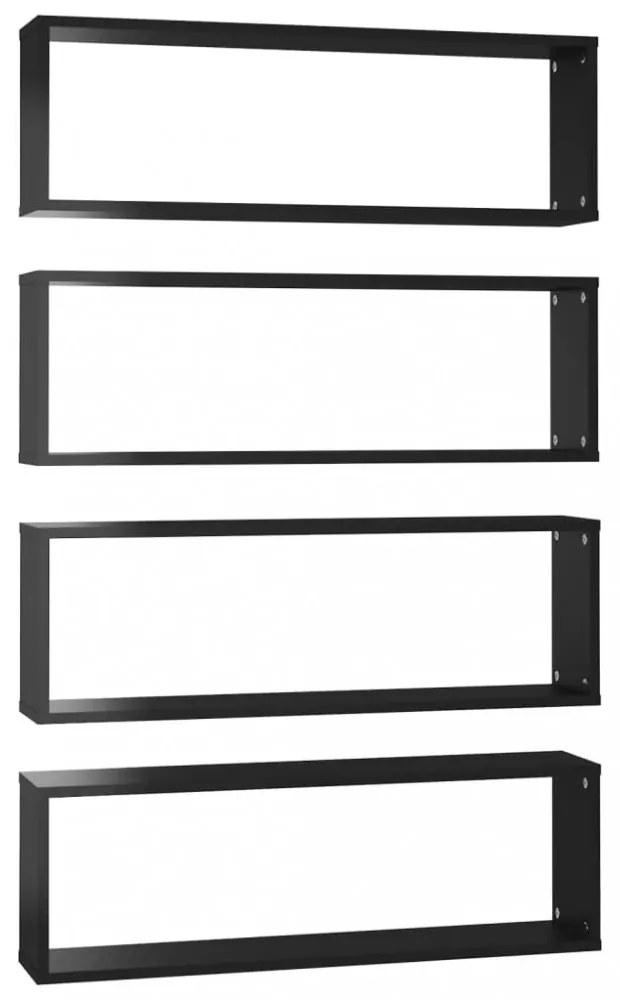 4 db magasfényű fekete forgácslap fali kockapolc 80x15x26,5 cm
