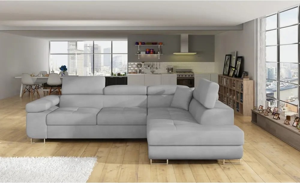 Világosszürke bársony kinyitható-tárolóhelyes sarokkanapé (jobb oldali-L alakú) Anton – ELTAP