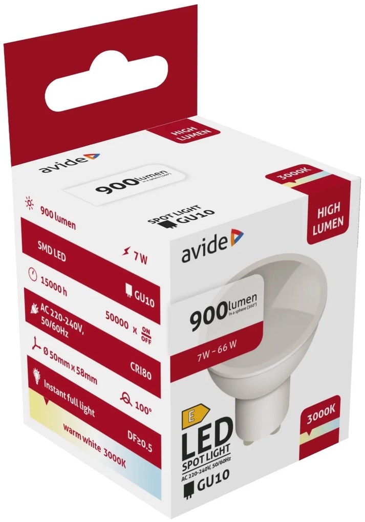 Avide LED Spot Alu+plastic 7W GU10 900LM WW 3000K