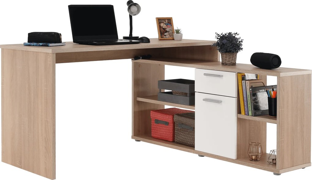 Sarok íróasztal, sonoma tölgy/fehér, NOE NEW