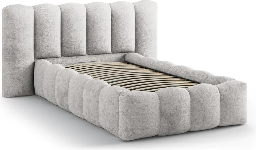 Szürke kárpitozott ágyneműtartós egyszemélyes ágy ágyráccsal 90x200 cm Lupine – Micadoni