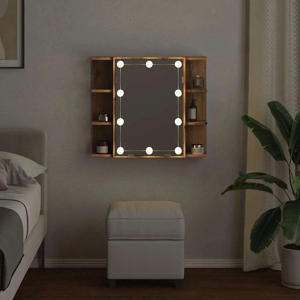 kézműves tölgy tükrös szekrény LED-ekkel 70 x 16,5 x 60 cm