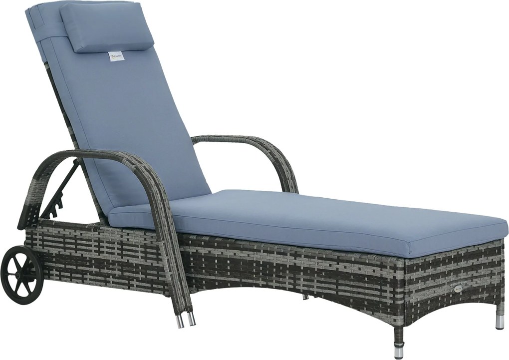 Outsunny Rattan Napozóágy 5-Fokozatú Állítható Támlával, Párnával, Kerekekkel, 160 kg Terhelhetőségű Fekvőszék Kertbe, 200x73x30-103cm, Szürke | Aosom