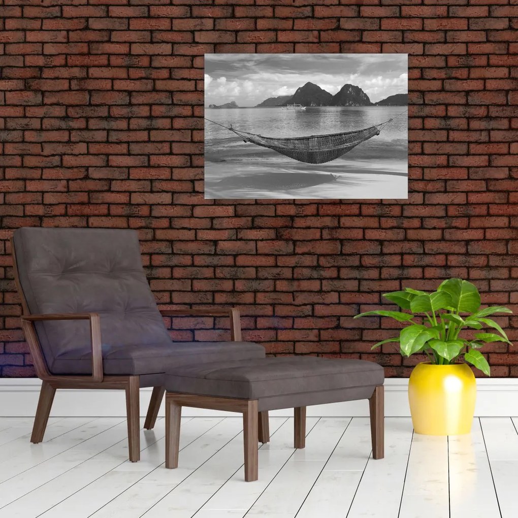 Üveg kép - Hálóágy a tengerparton (70x50 cm)