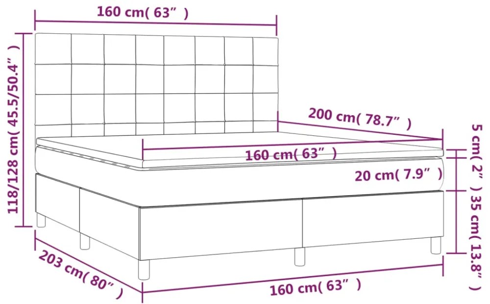 világosszürke bársony rugós és LED-es ágy matraccal 160x200 cm